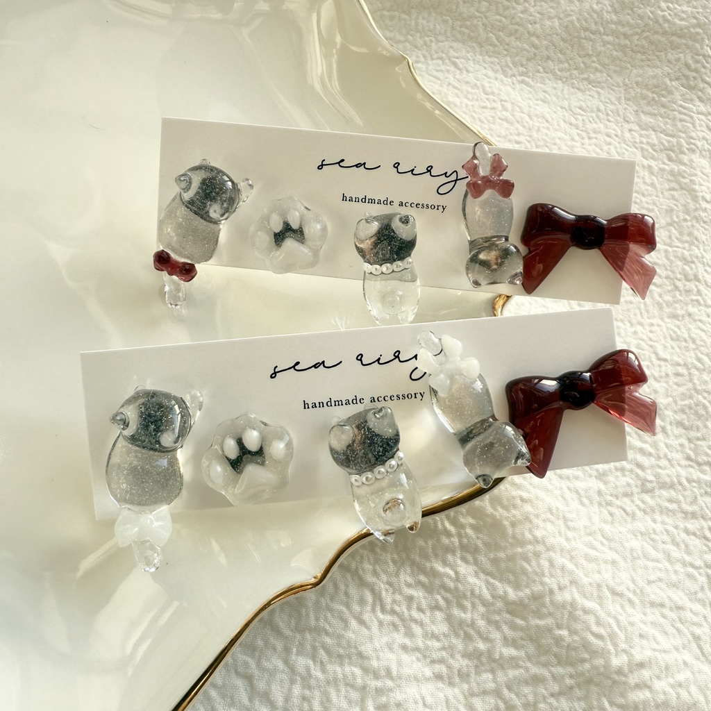 no.250 限定set X'masのねこちゃんピアスセット 猫 リボン ホワイト レッド クリスマス ピアス ステンレス