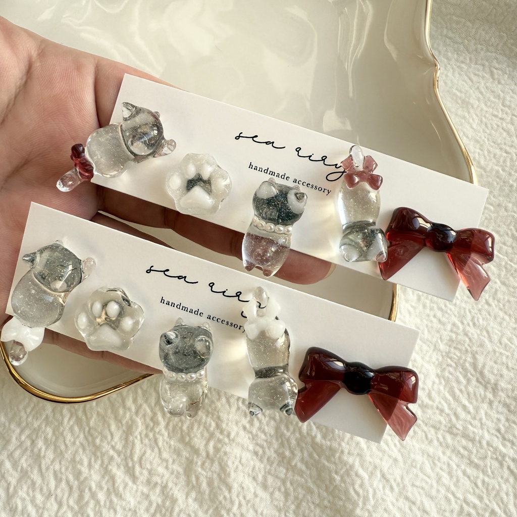 no.250 限定set X'masのねこちゃんピアスセット 猫 リボン ホワイト レッド クリスマス ピアス ステンレス