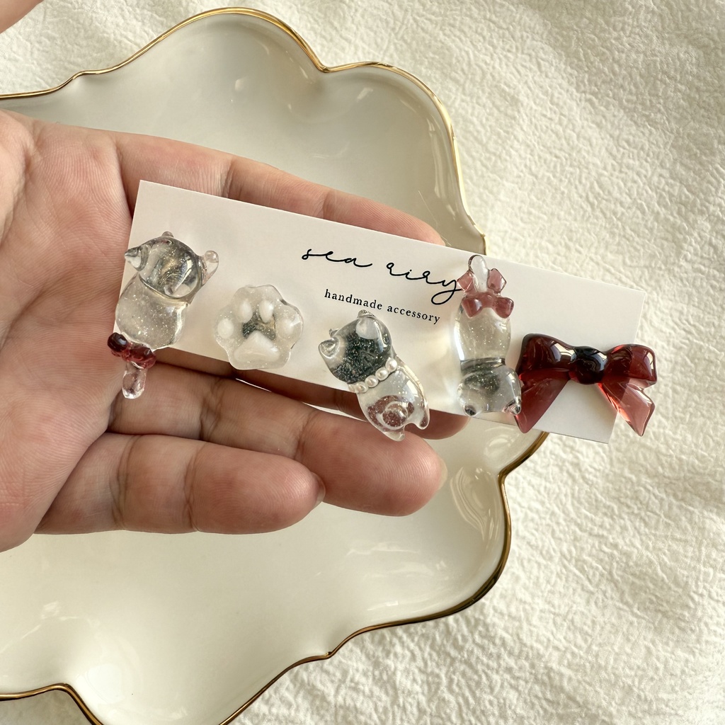 no.250 限定set X'masのねこちゃんピアスセット 猫 リボン ホワイト レッド クリスマス ピアス ステンレス