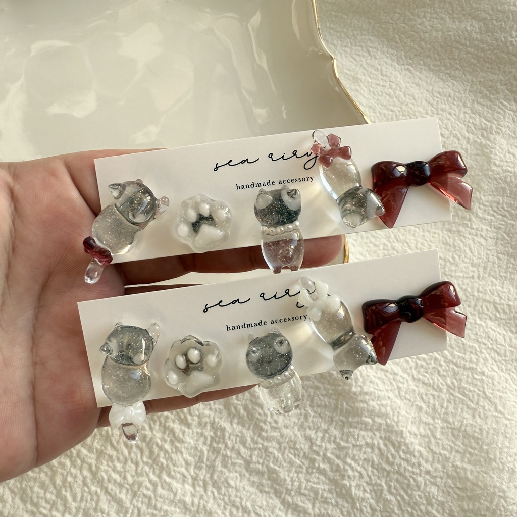 no.250 限定set X'masのねこちゃんピアスセット 猫 リボン ホワイト レッド クリスマス ピアス ステンレス