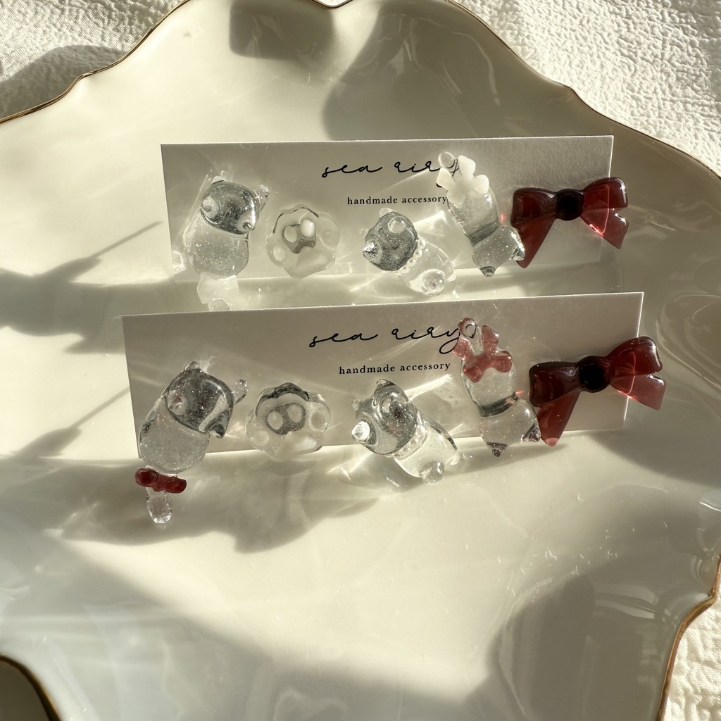 no.250 限定set X'masのねこちゃんピアスセット 猫 リボン ホワイト レッド クリスマス ピアス ステンレス