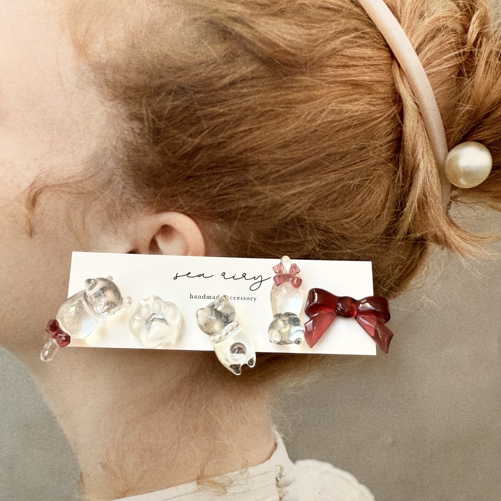 no.250 限定set X'masのねこちゃんピアスセット 猫 リボン ホワイト レッド クリスマス ピアス ステンレス