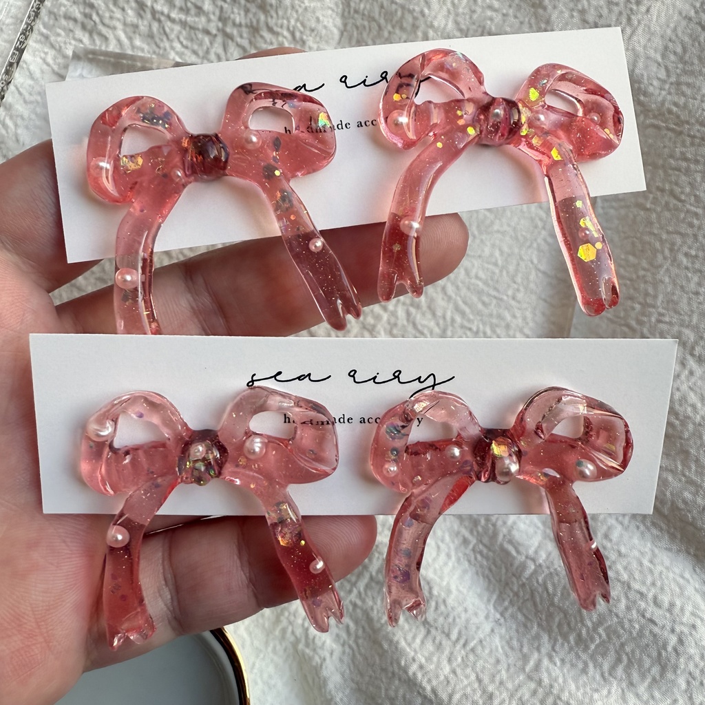 no.251 あかいろリボンピアス レッド ラメ パール クリスマス ribbon ステンレス ピアス