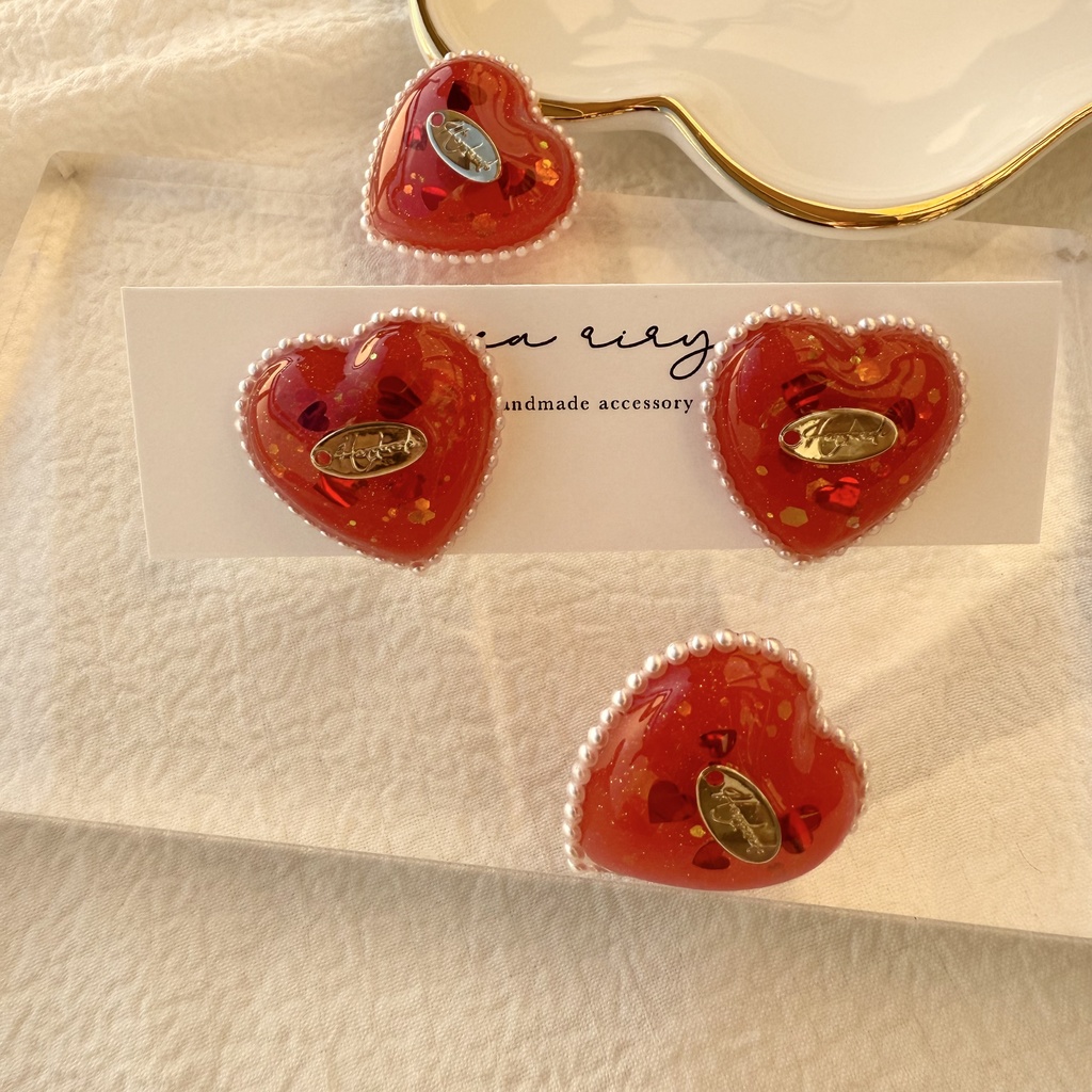 no.252 あかいろハートパールピアス heart パール クリスマス ステンレス ピアス