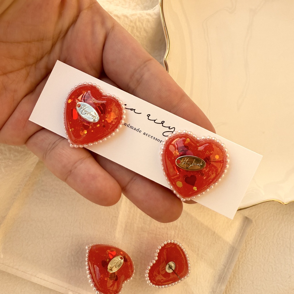 no.252 あかいろハートパールピアス heart パール クリスマス ステンレス ピアス