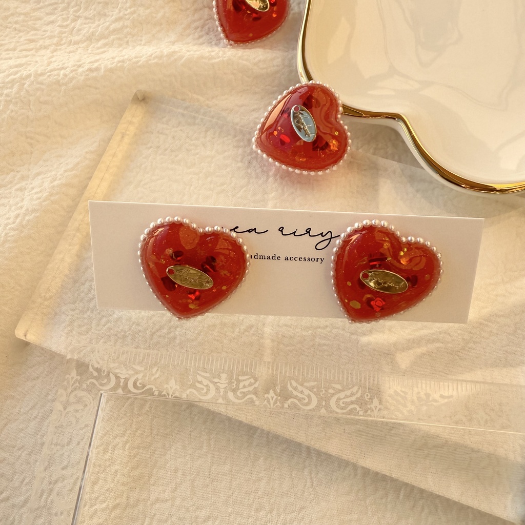 no.252 あかいろハートパールピアス heart パール クリスマス ステンレス ピアス