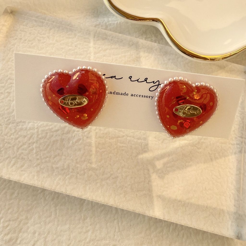 no.252 あかいろハートパールピアス heart パール クリスマス ステンレス ピアス