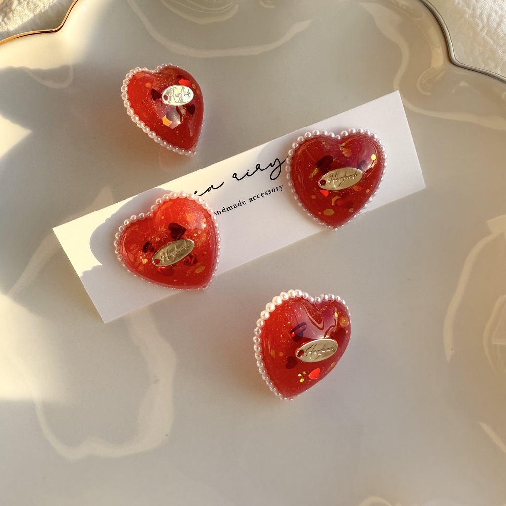 no.252 あかいろハートパールピアス heart パール クリスマス ステンレス ピアス