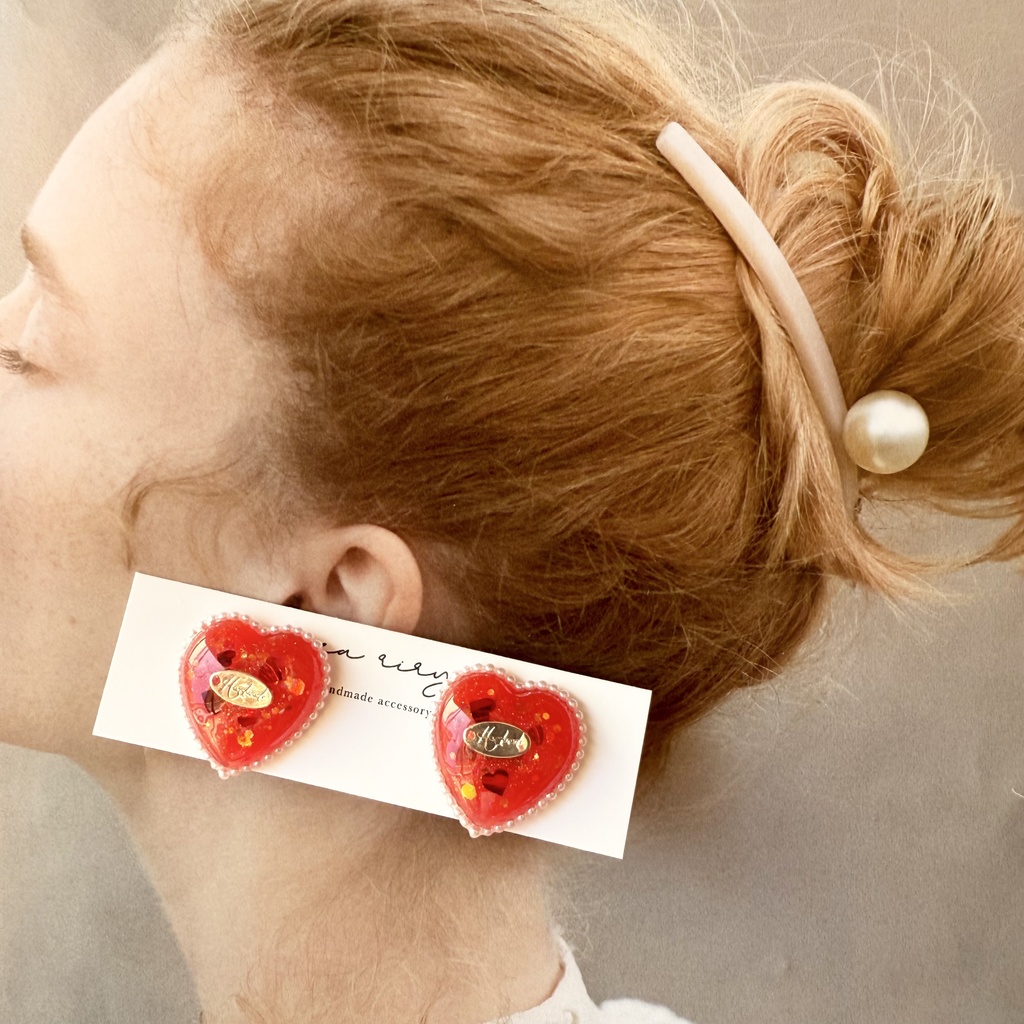 no.252 あかいろハートパールピアス heart パール クリスマス ステンレス ピアス