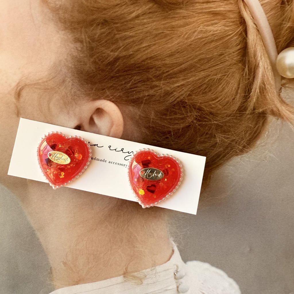 no.252 あかいろハートパールピアス heart パール クリスマス ステンレス ピアス