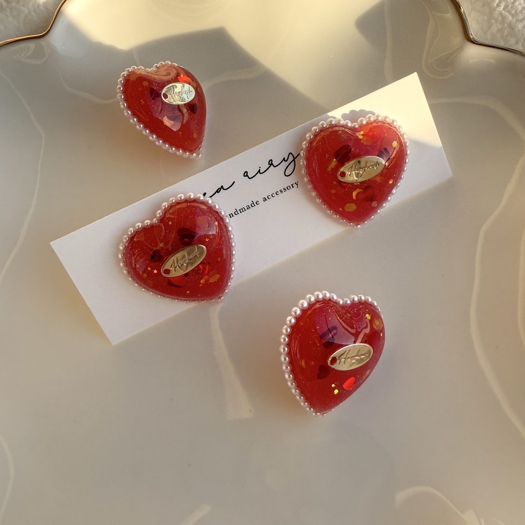 no.252 あかいろハートパールピアス heart パール クリスマス ステンレス ピアス