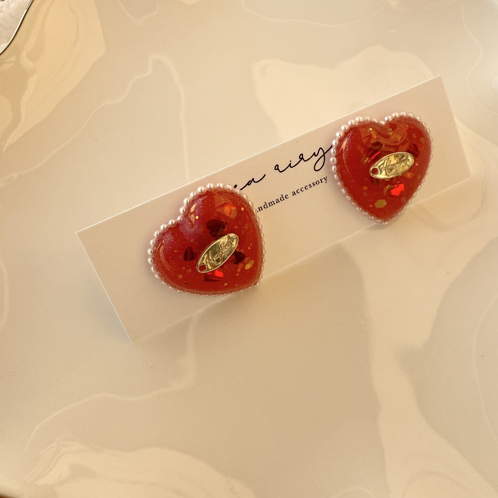 no.252 あかいろハートパールピアス heart パール クリスマス ステンレス ピアス