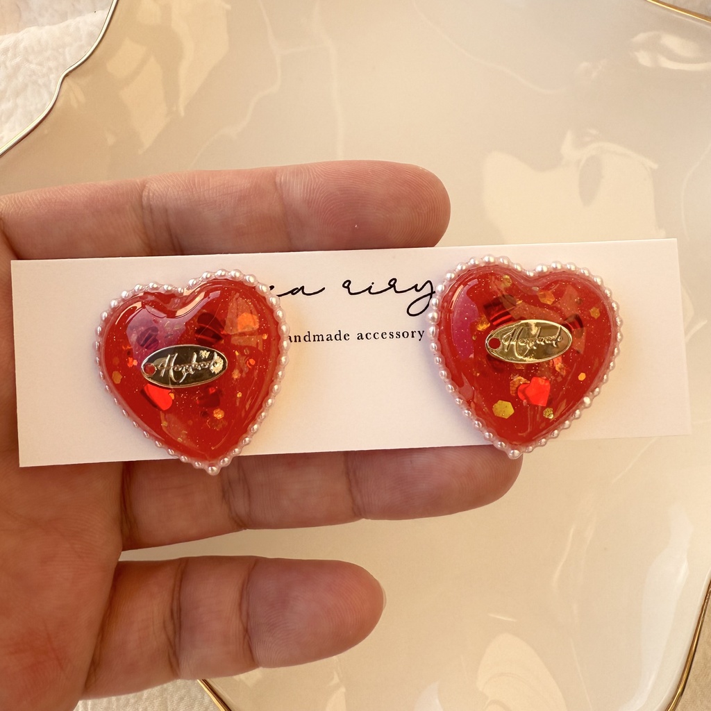 no.252 あかいろハートパールピアス heart パール クリスマス ステンレス ピアス