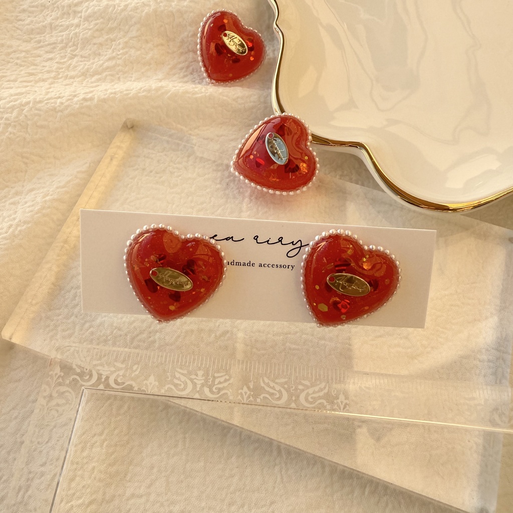 no.252 あかいろハートパールピアス heart パール クリスマス ステンレス ピアス