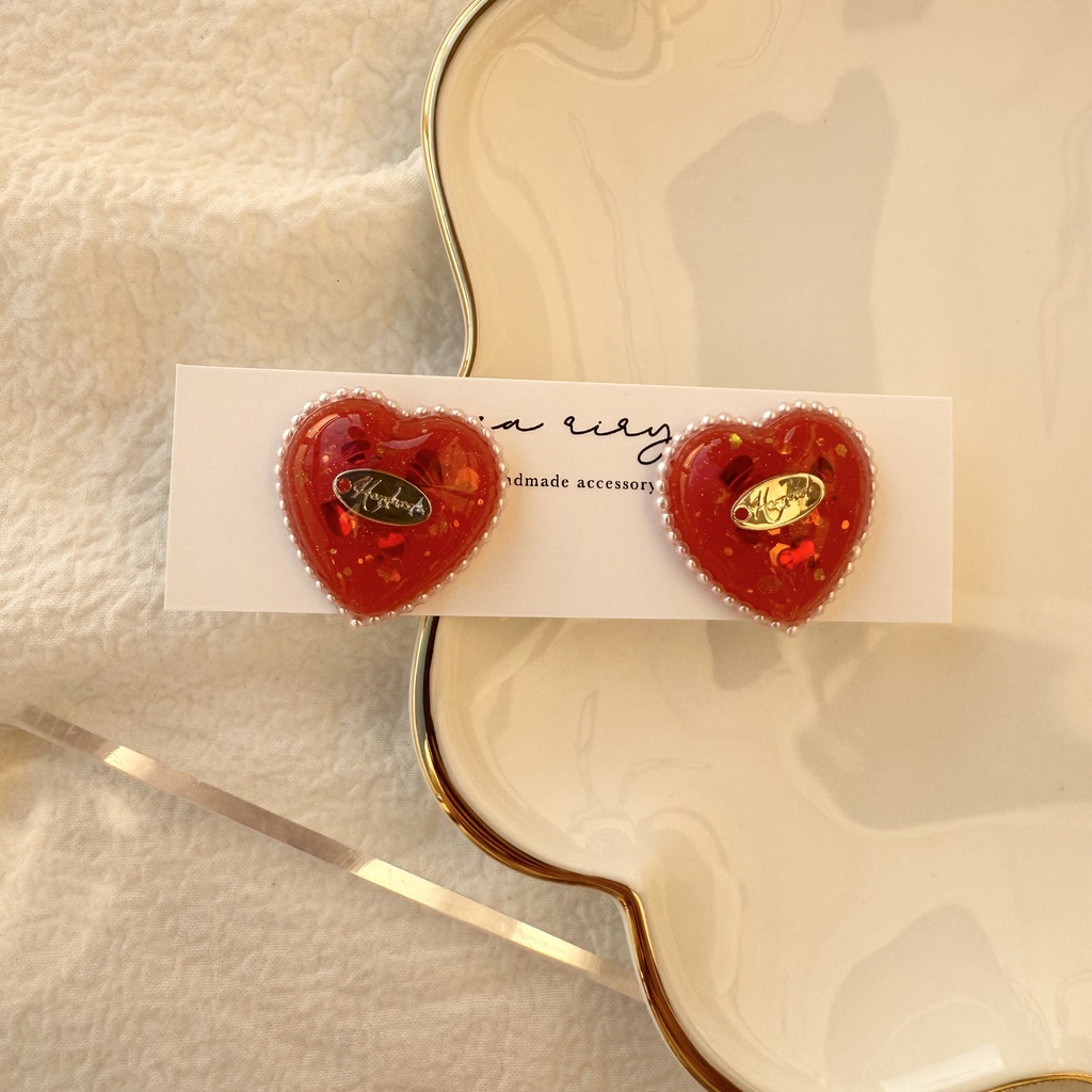 no.252 あかいろハートパールピアス heart パール クリスマス ステンレス ピアス