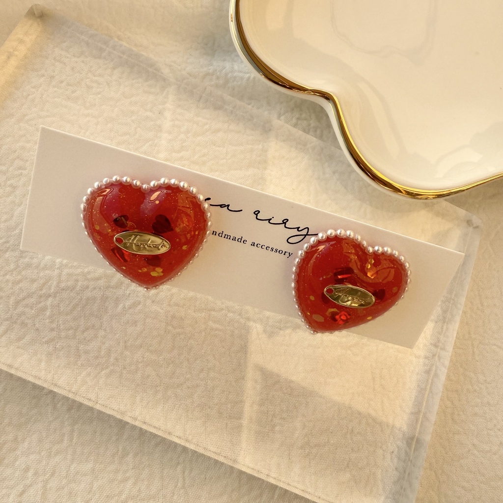 no.252 あかいろハートパールピアス heart パール クリスマス ステンレス ピアス