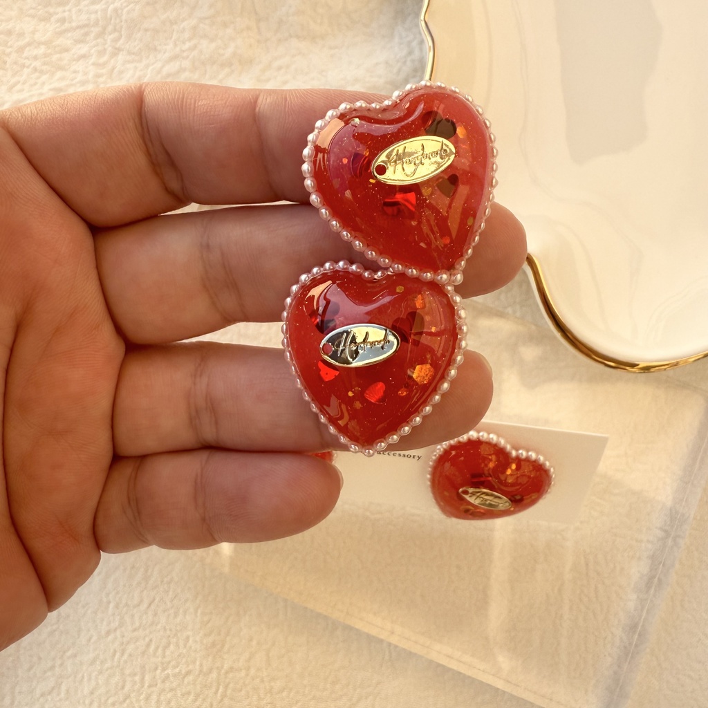 no.252 あかいろハートパールピアス heart パール クリスマス ステンレス ピアス