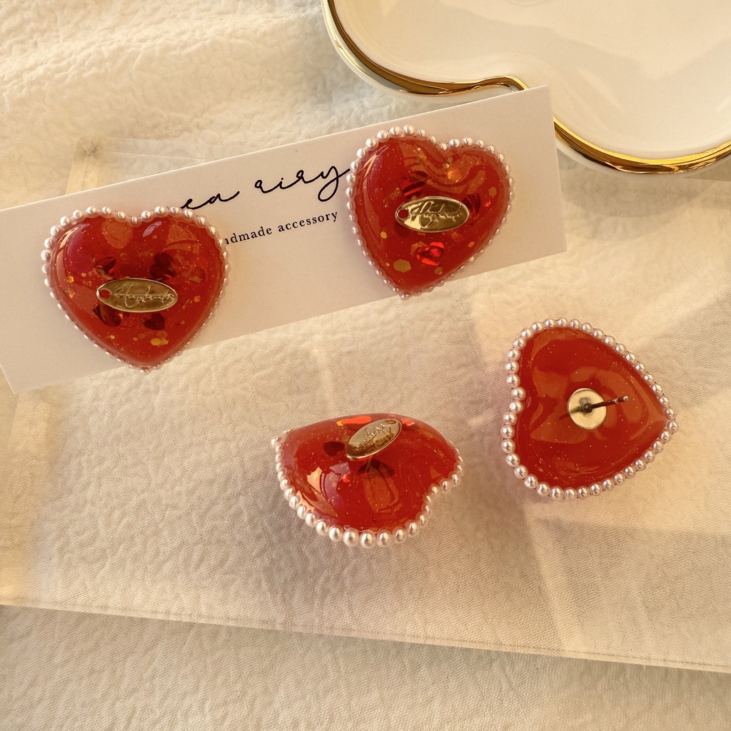 no.252 あかいろハートパールピアス heart パール クリスマス ステンレス ピアス