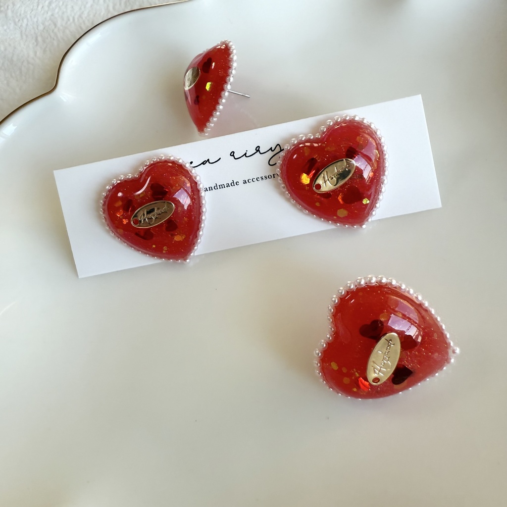 no.252 あかいろハートパールピアス heart パール クリスマス ステンレス ピアス