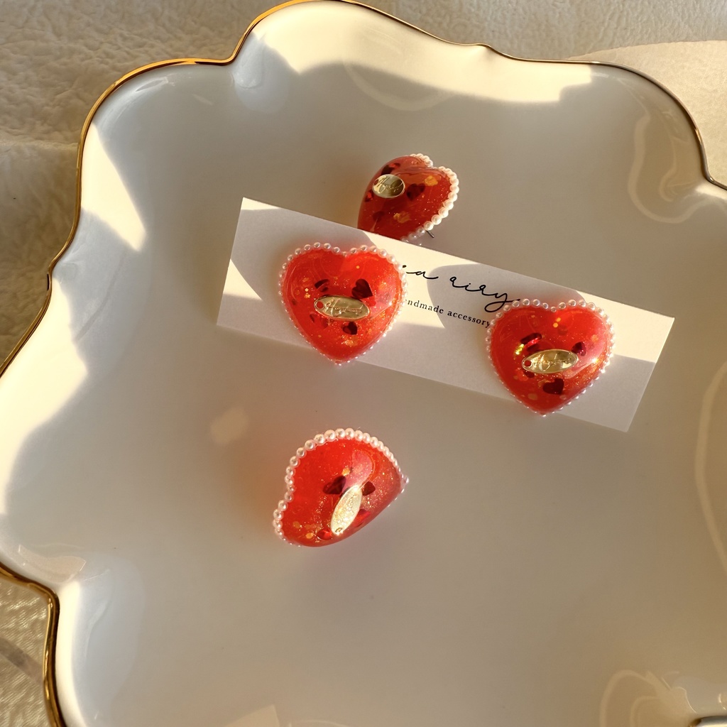 no.252 あかいろハートパールピアス heart パール クリスマス ステンレス ピアス