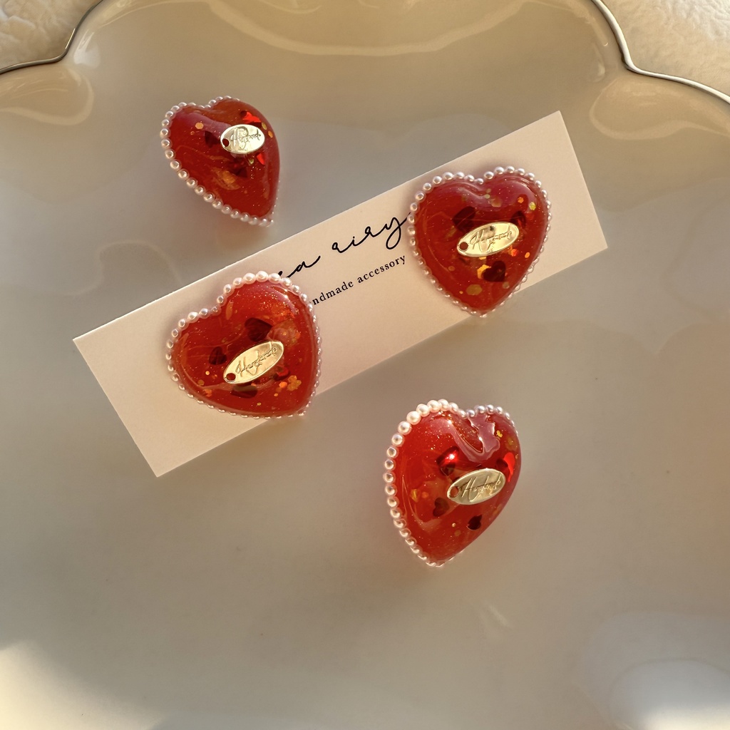 no.252 あかいろハートパールピアス heart パール クリスマス ステンレス ピアス