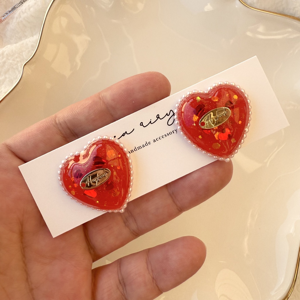 no.252 あかいろハートパールピアス heart パール クリスマス ステンレス ピアス