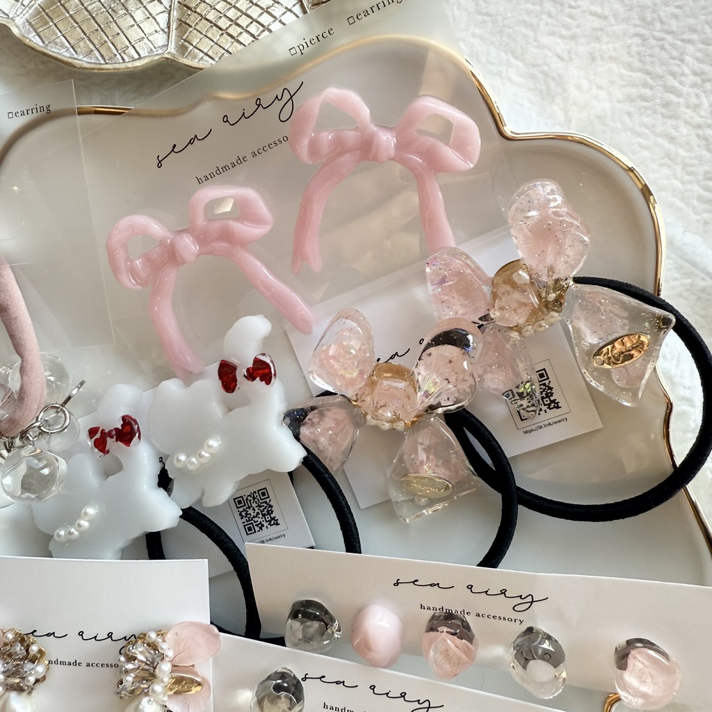 1点のみ 限定set ハンドメイド 福袋 ヘアゴム ピアス セット ねこ リボン いちご ピンク フラワー ハンドメイド