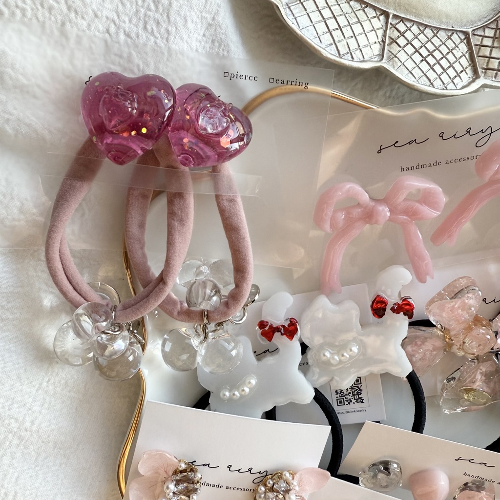 1点のみ 限定set ハンドメイド 福袋 ヘアゴム ピアス セット ねこ リボン いちご ピンク フラワー ハンドメイド