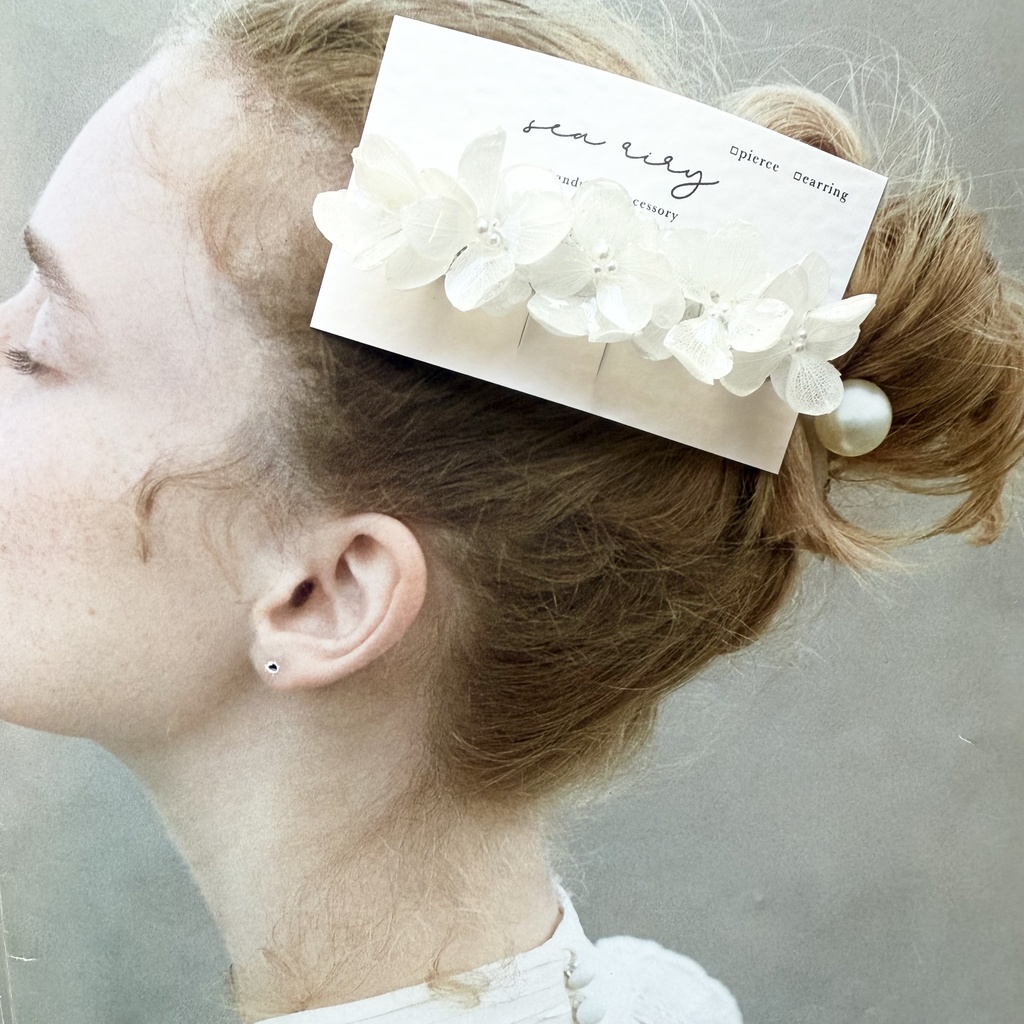 1点のみ 限定セット Happy bag 紫陽花 ヘアバレッタ ピアス セット ホワイト アナベル パール