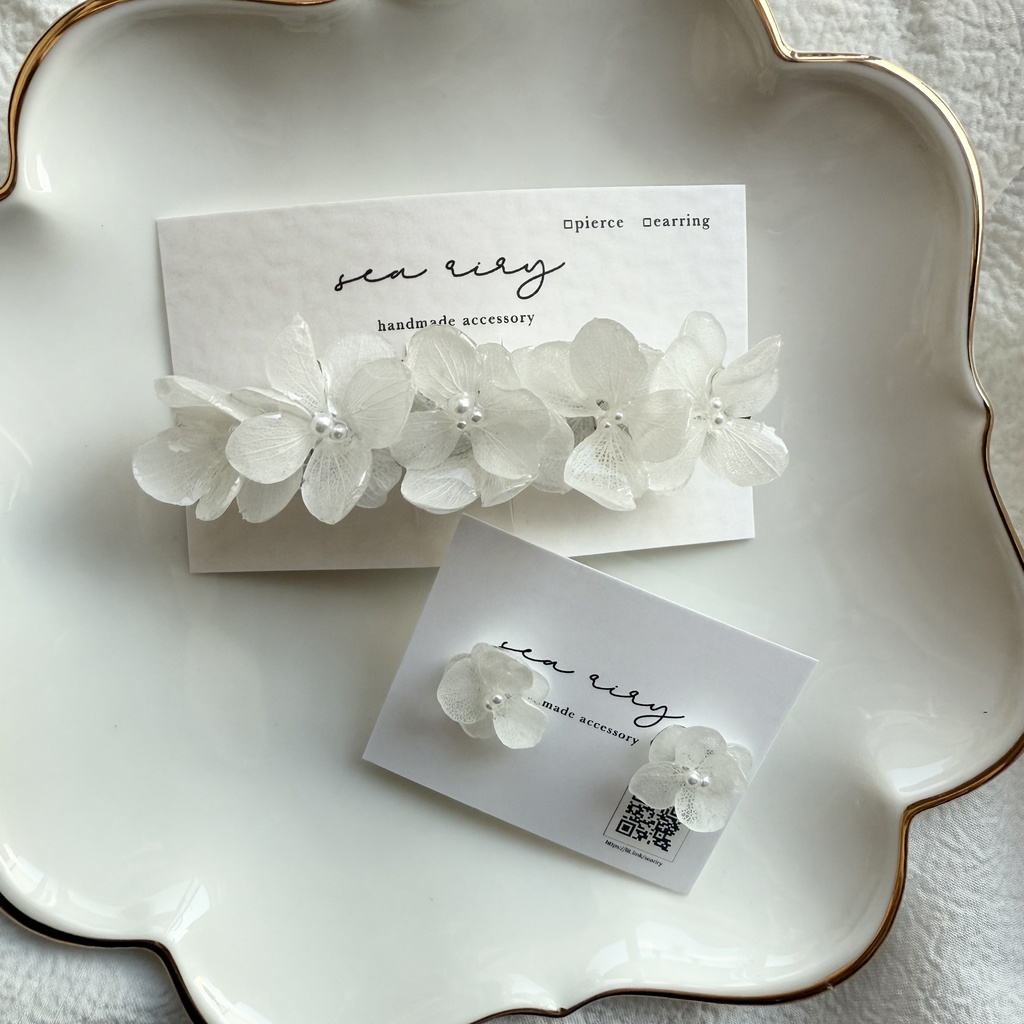 1点のみ  限定セット Happy bag  紫陽花  ヘアバレッタ  ピアス  セット  ホワイト  アナベル  パール  