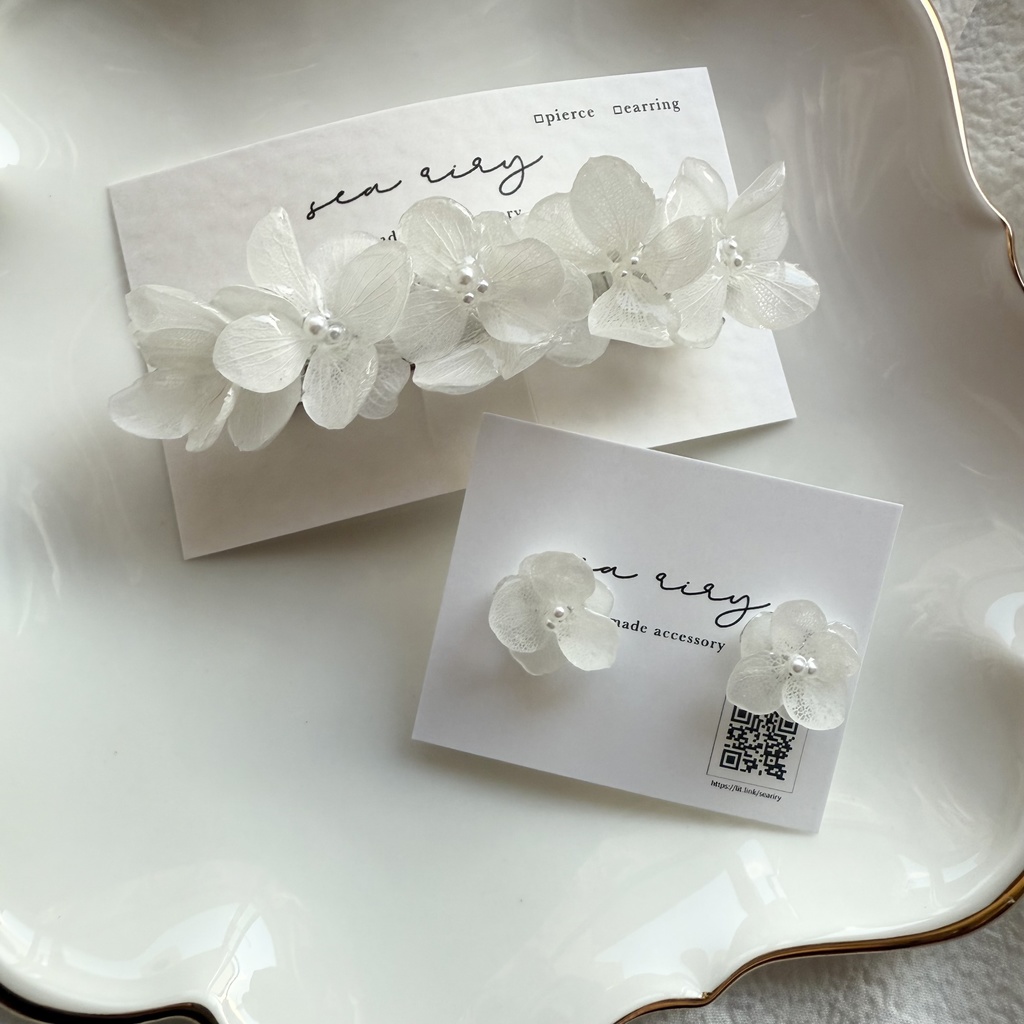 1点のみ 限定セット Happy bag 紫陽花 ヘアバレッタ ピアス セット ホワイト アナベル パール