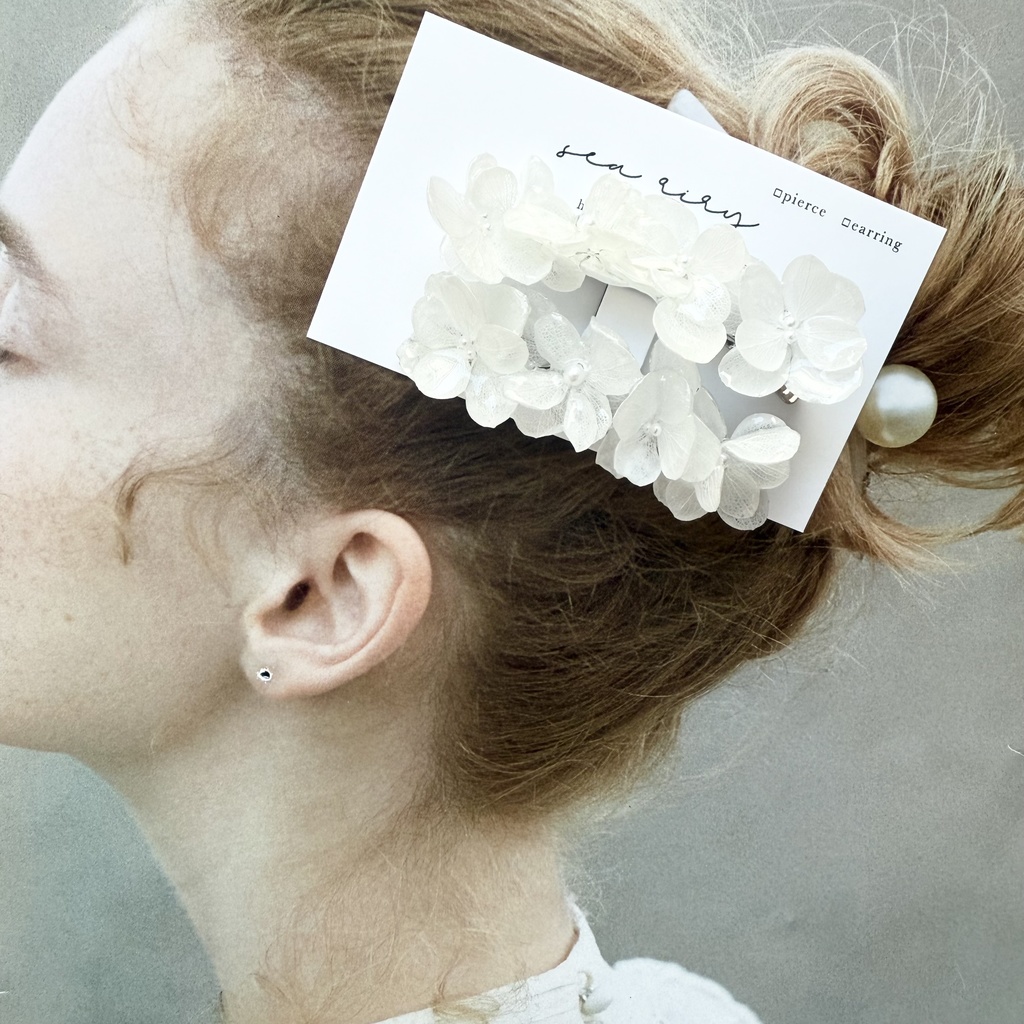 1点のみ 限定セット Happy bag 紫陽花 ヘアクリップ ピアス セット ホワイト アナベル パール