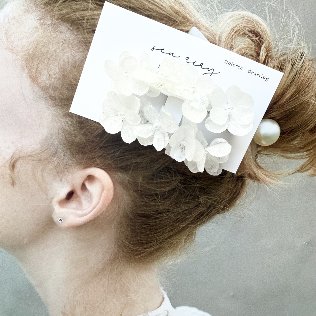 1点のみ 限定セット Happy bag 紫陽花 ヘアクリップ ピアス セット ホワイト アナベル パール
