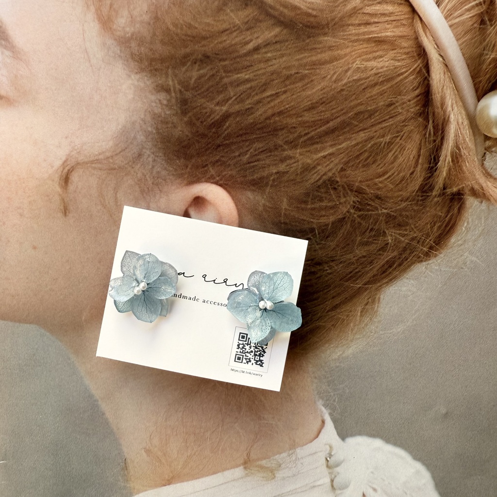 no.255 再販 ブルーグラデの紫陽花ピアス Blue アジサイ アナベル フラワーピアス パール ステンレス