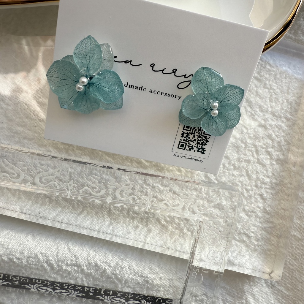 no.256 再販 ブルーライラックの紫陽花ピアス アジサイ パール ブルー ステンレス ピアス