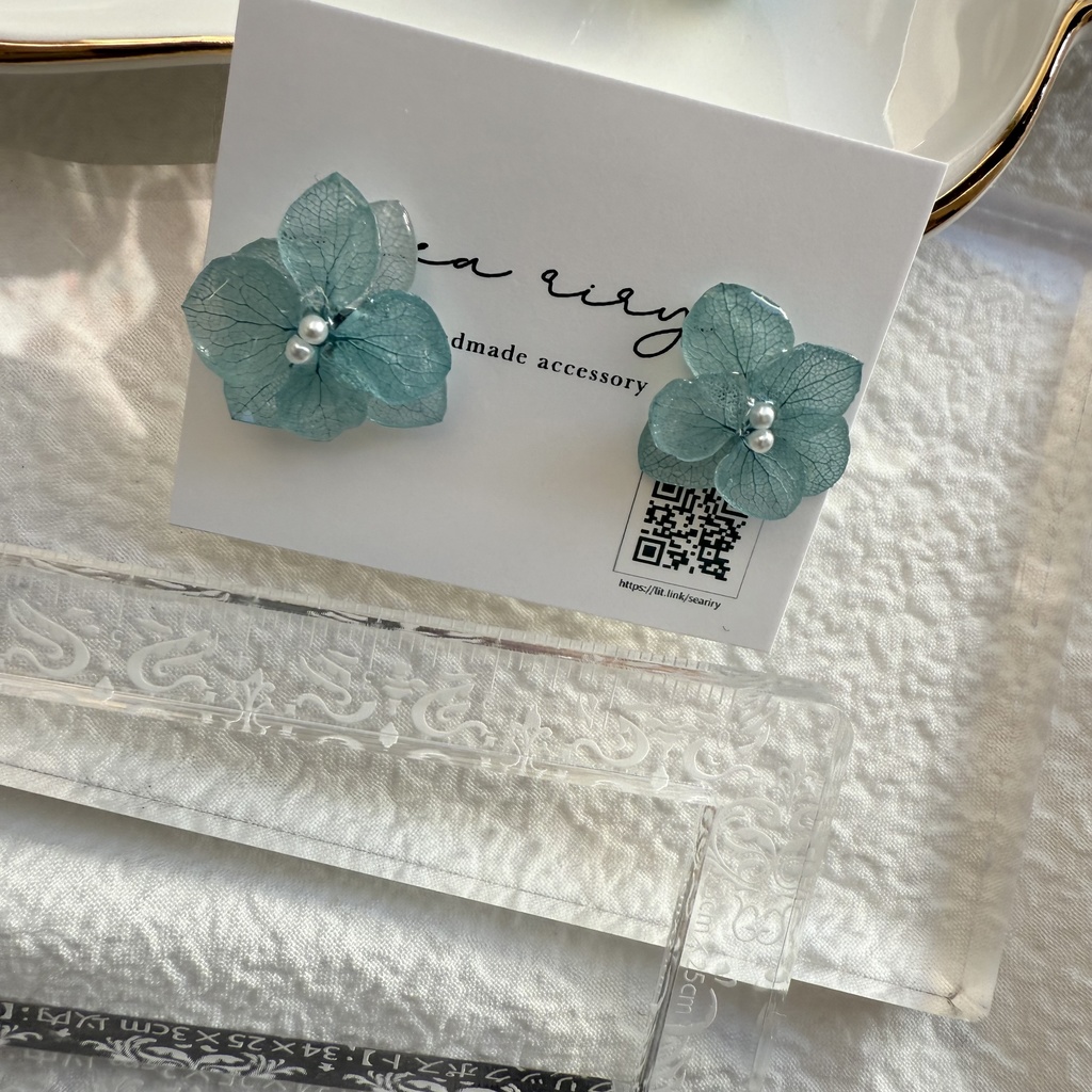 no.256 再販 ブルーライラックの紫陽花ピアス アジサイ パール ブルー ステンレス ピアス