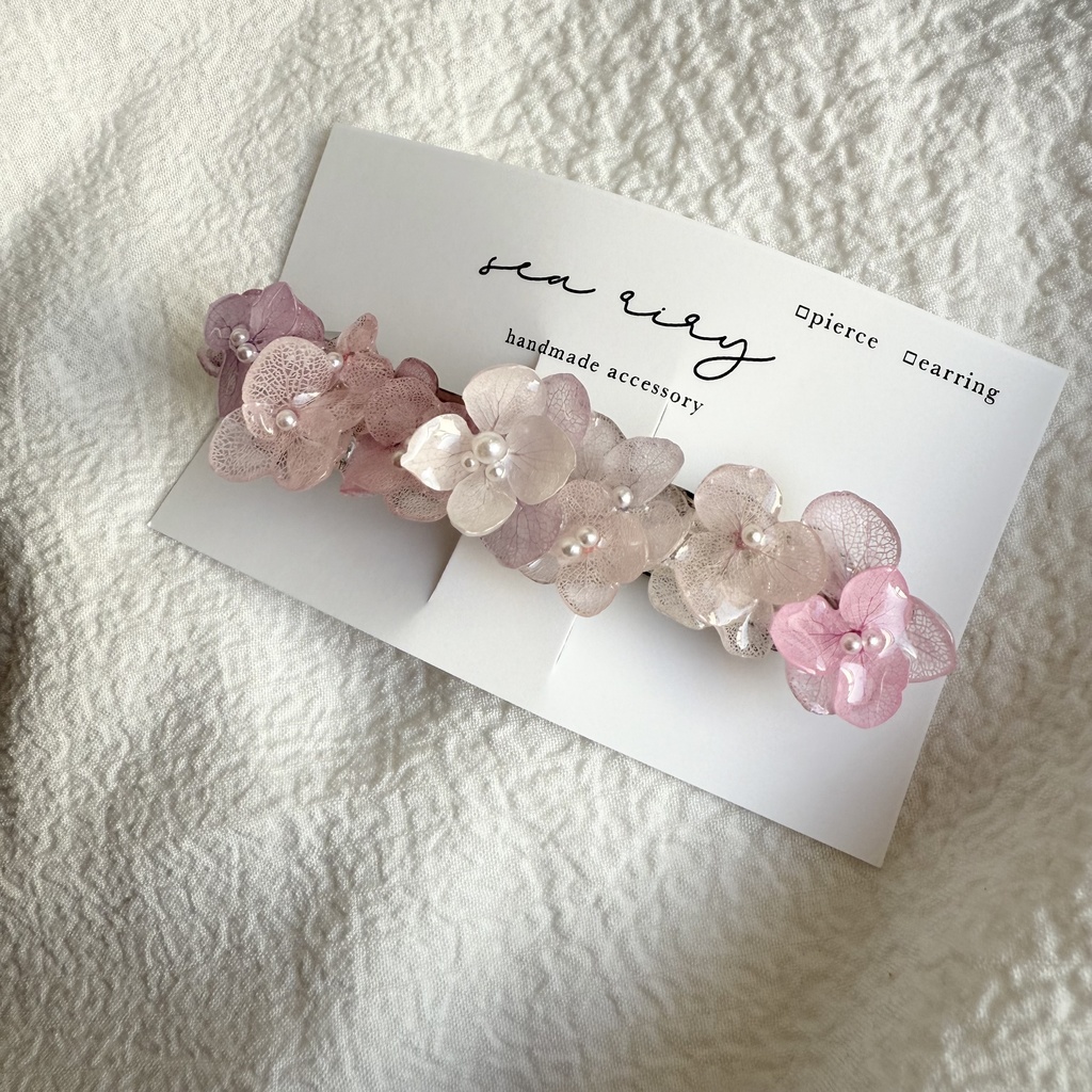 no.259 訳あり パステルライラックmixの紫陽花ヘアバレッタ アジサイ パール ヘアアクセサリー 髪留め 髪飾り