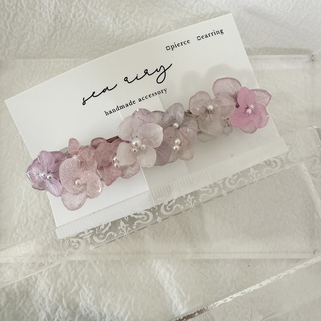 no.259 訳あり パステルライラックmixの紫陽花ヘアバレッタ アジサイ パール ヘアアクセサリー 髪留め 髪飾り