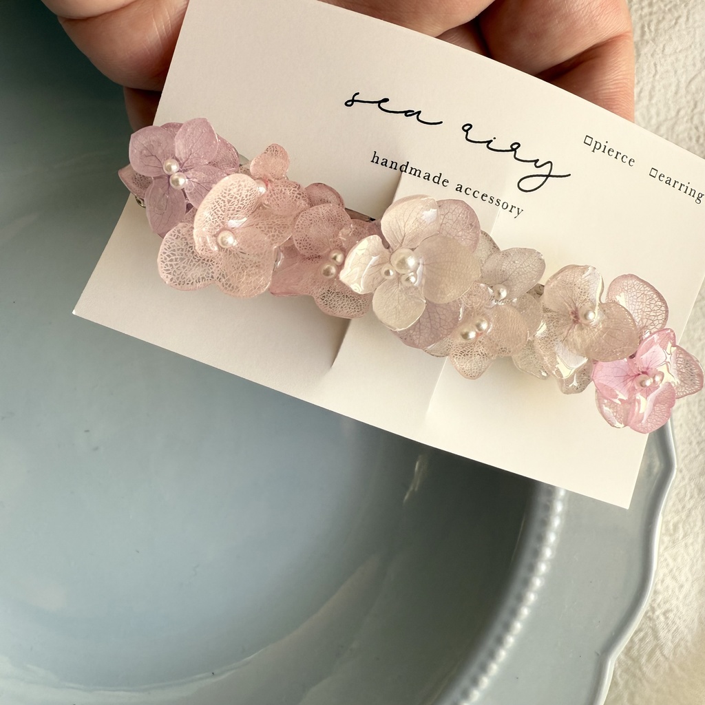 no.259 訳あり パステルライラックmixの紫陽花ヘアバレッタ アジサイ パール ヘアアクセサリー 髪留め 髪飾り