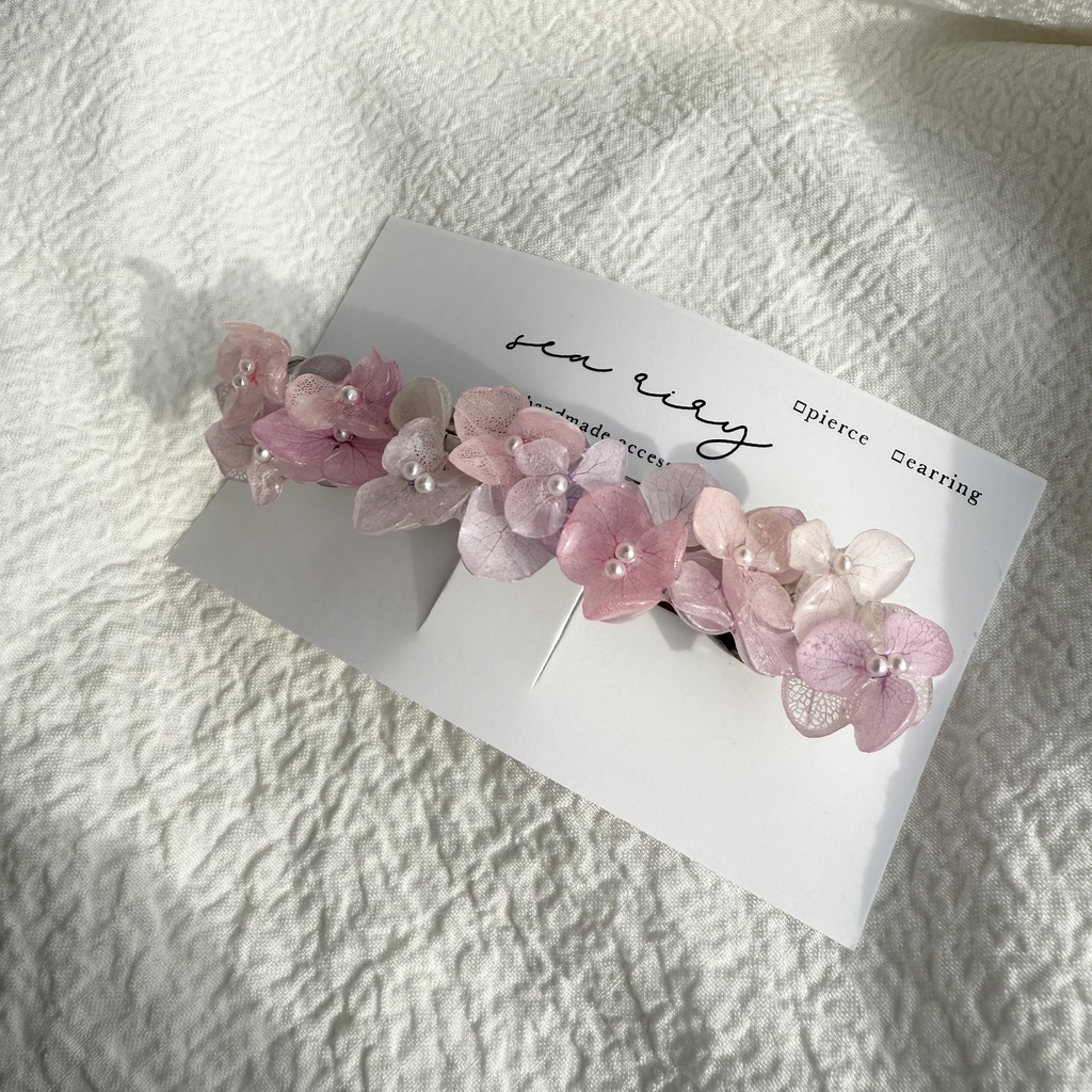 no.262 パステルライラックmixの紫陽花ヘアバレッタ アジサイ 本物のお花 ヘアアクセサリー 髪飾り