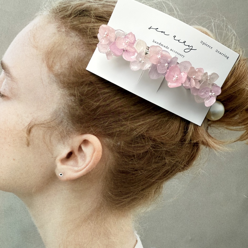 no.262 パステルライラックmixの紫陽花ヘアバレッタ アジサイ 本物のお花 ヘアアクセサリー 髪飾り