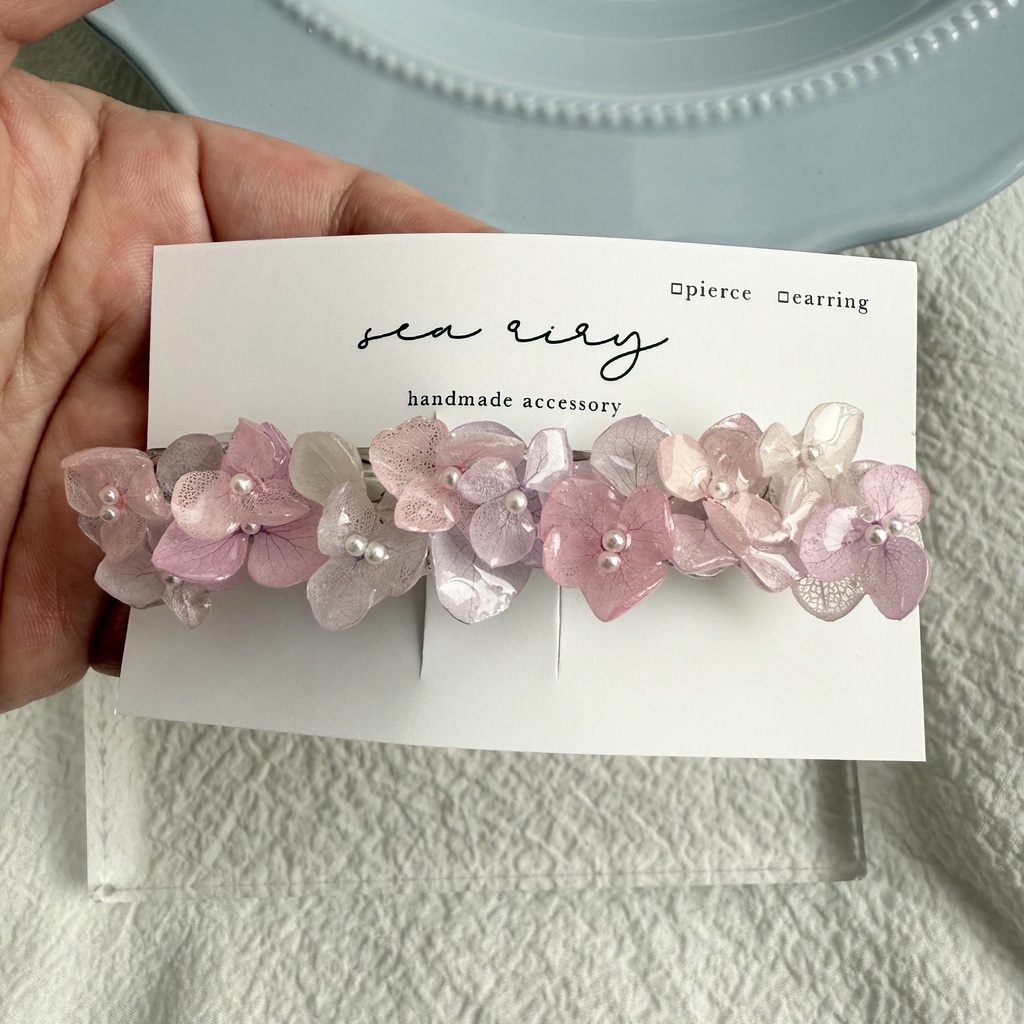 no.262 パステルライラックmixの紫陽花ヘアバレッタ アジサイ 本物のお花 ヘアアクセサリー 髪飾り