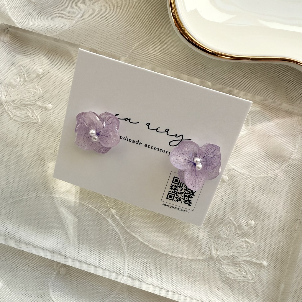no.266 再販 ちいさなお花のピアス 紫陽花 アジサイ パール アナベル パープル ステンレス ピアス