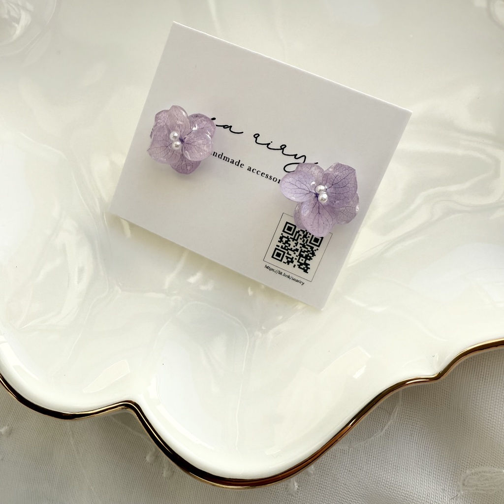 no.266 再販 ちいさなお花のピアス 紫陽花 アジサイ パール アナベル パープル ステンレス ピアス