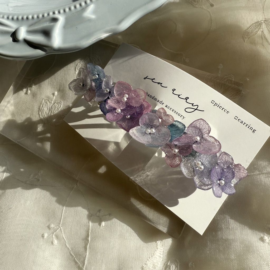 no.270 再販 マーメイドカラーの紫陽花ヘアバレッタ アジサイ ブルー パープル パール ヘアアクセサリー