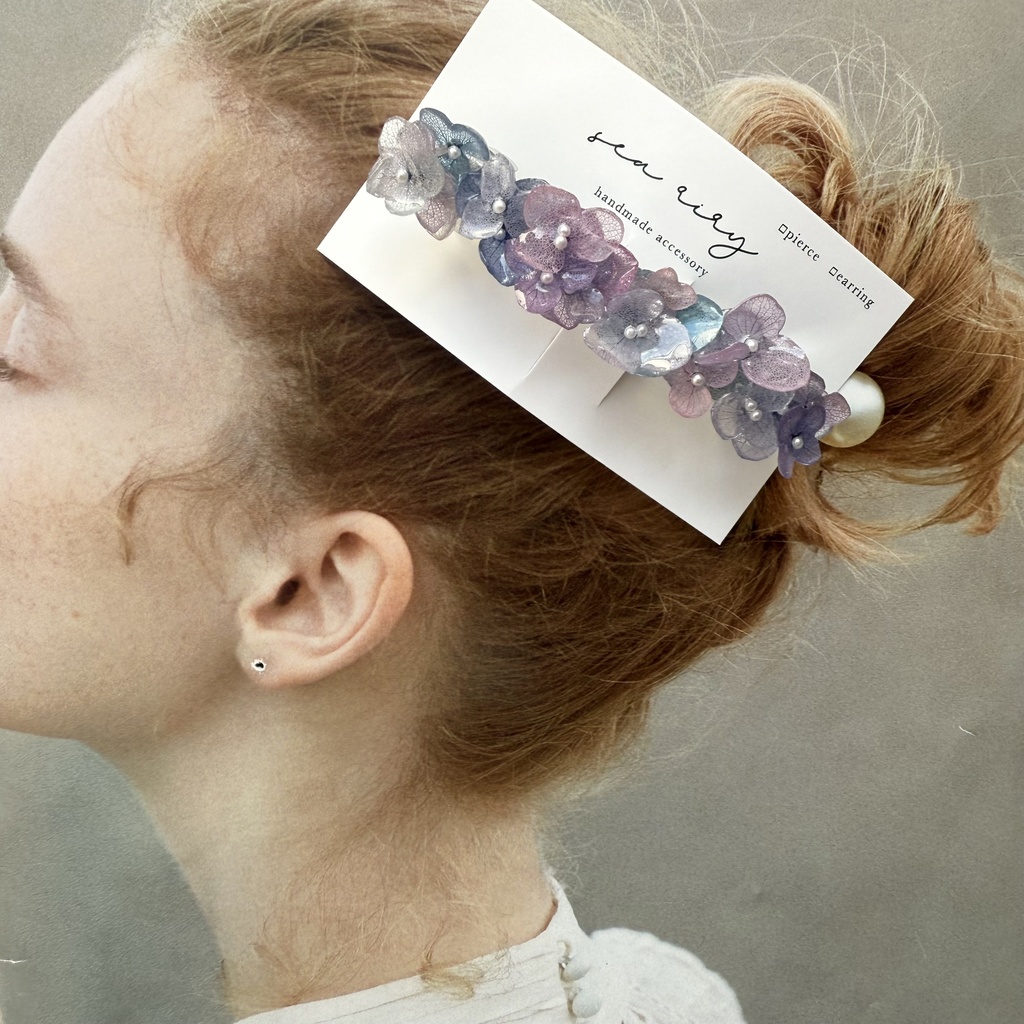 no.270 再販 マーメイドカラーの紫陽花ヘアバレッタ アジサイ ブルー パープル パール ヘアアクセサリー