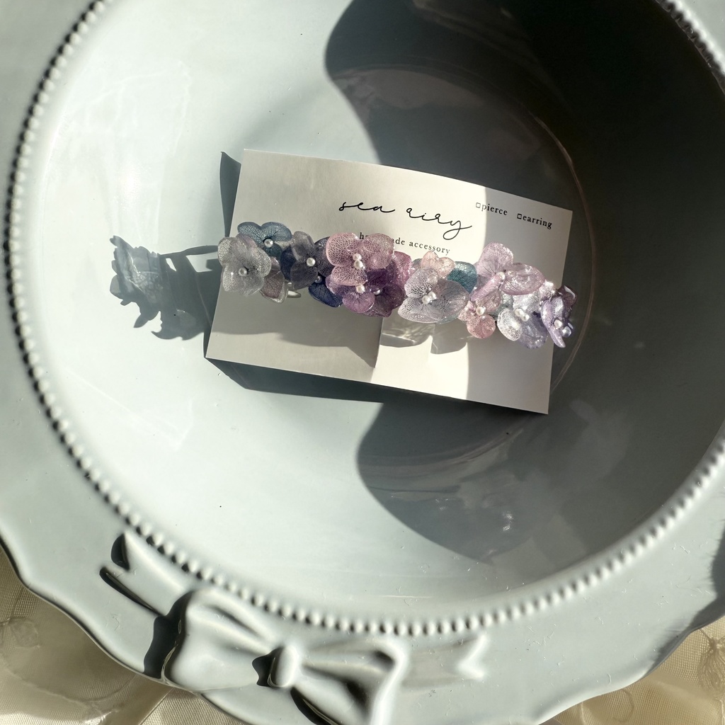 no.270 再販 マーメイドカラーの紫陽花ヘアバレッタ アジサイ ブルー パープル パール ヘアアクセサリー