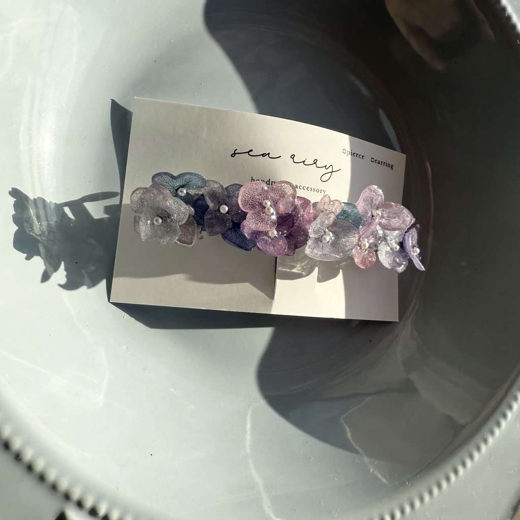 no.270 再販 マーメイドカラーの紫陽花ヘアバレッタ アジサイ ブルー パープル パール ヘアアクセサリー