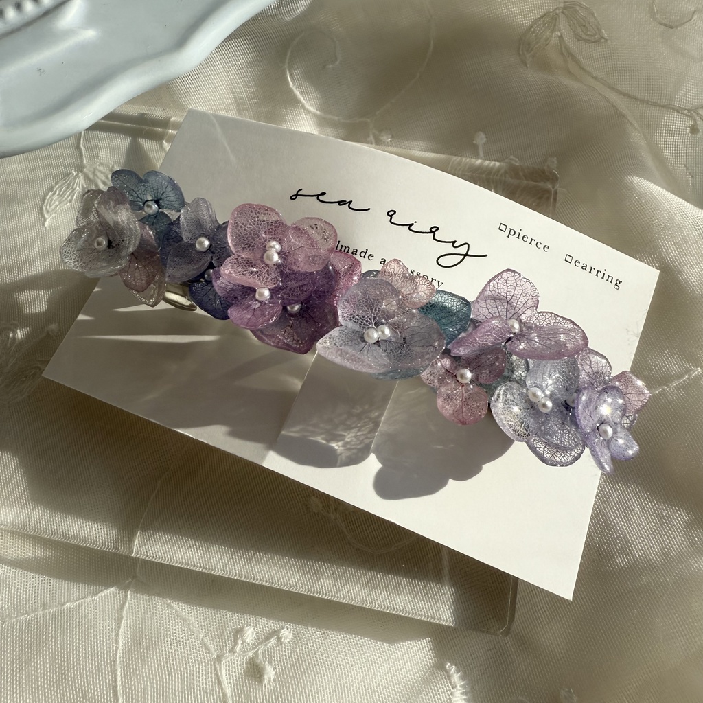no.270 再販 マーメイドカラーの紫陽花ヘアバレッタ アジサイ ブルー パープル パール ヘアアクセサリー