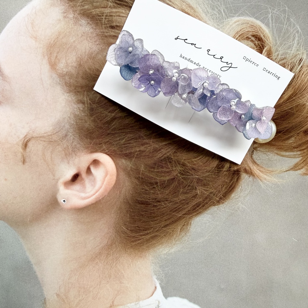 no.273 再販 マーメイドカラーの紫陽花ヘアバレッタ アジサイ ブルー パープル パール ヘアアクセサリー